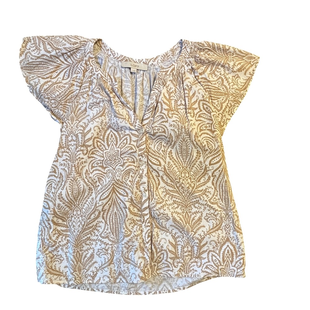 LOFT Blouse Womens S Paisley Flutter Sleeve V-Neck Boho Top Cottagecore Peasant